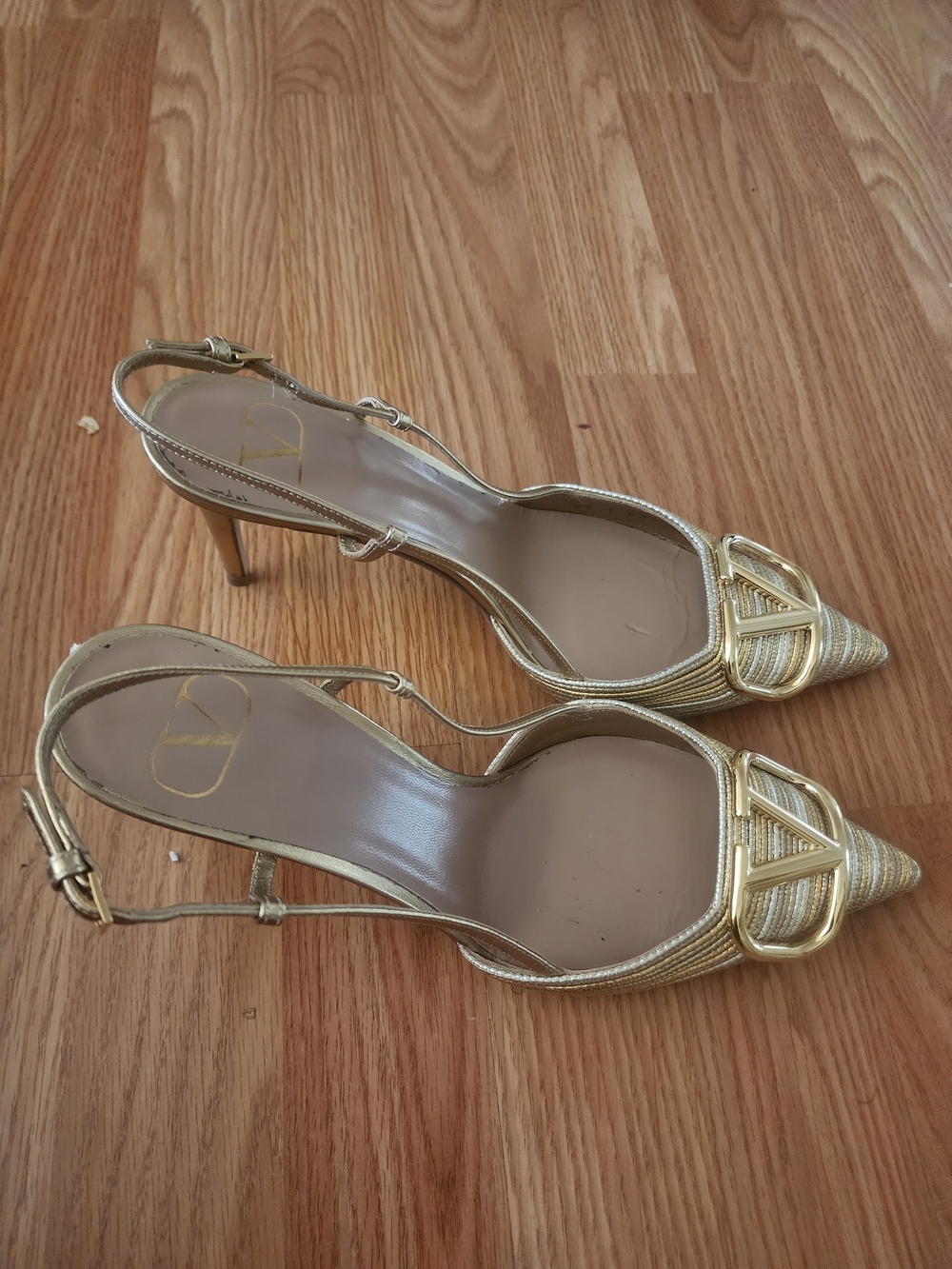 Valentino Garavani Metallic Gold Pointed Slingback Heels with Buckle Detail